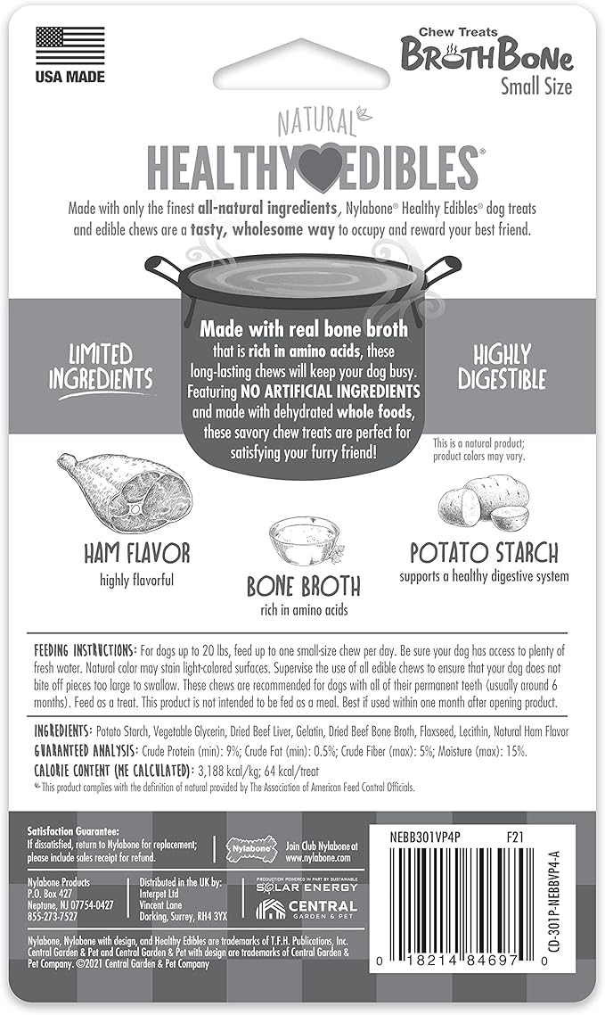 Nylabone Healthy Edibles Broth Bone Natural Dog Chews Long Lasting Treats Ham Flavor Small/Regular - Up to 25 Ibs. (4 Count)