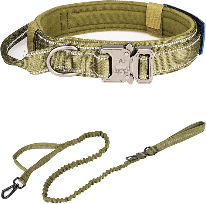 KCUCOP Tactical Dog Collar, Heavy Duty Dog Collar with Handle and Metal Buckle, Military Thick Dog Collars for Medium and Large Dogs(Green-Reflective Set-M, 1 Patch)