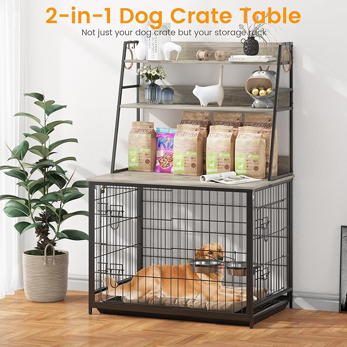 GAOMON Modern Dog Crate with Storage Shelves, Wooden Kennel with Removable Tray, Double Doors, Indoor Dog House with Two Adjustable Bowls, End Table Design, Grey