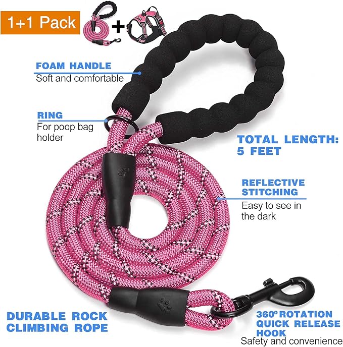 tobeDRI No Pull Dog Harness Adjustable Reflective Oxford Easy Control Medium Large Dog Harness with A Free Heavy Duty 5ft Dog Leash (S (Neck: 13"-18", Chest: 17.5"-22"), Pink Harness+Leash)