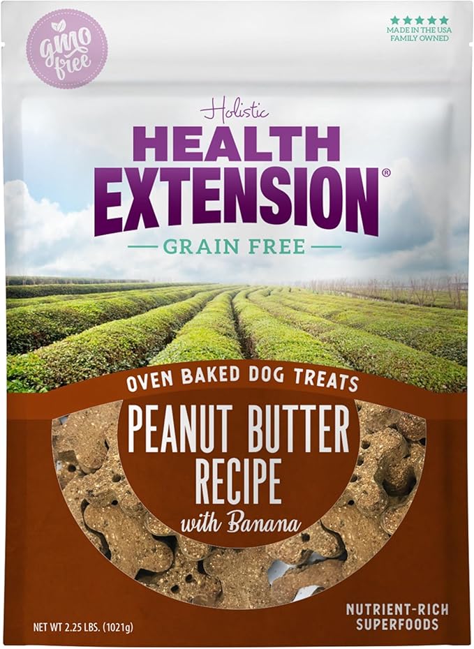 Health Extension Oven-Baked Dog Treats, 2.25lb (1.02kg), Peanut Butter & Banana Recipe – Gluten & Grain-Free, Superfood-Infused, Crunchy Biscuits for Puppy Training