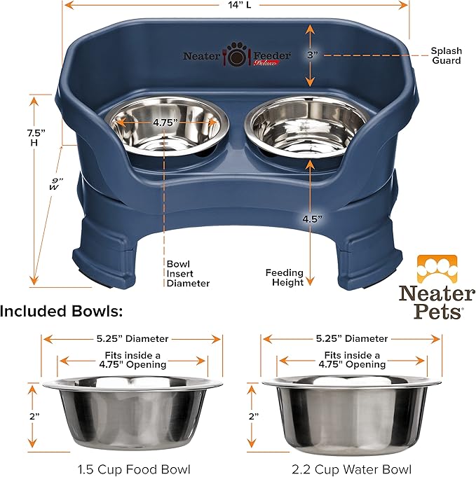 Neater Feeder Deluxe Mess Proof Dog Bowls Elevated for Small Breeds – Made in USA – No Spill Raised Dog Food Bowl Stand w/Leg Extensions – Stainless Steel Dog Food and Water Bowl Set – Dark Blue