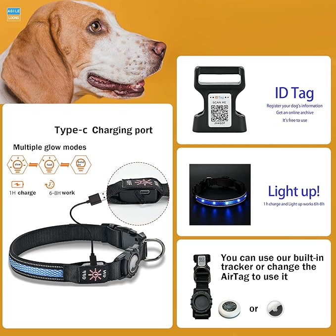 AirTag Pet Dog Tracker Collar & Equipped with Tracker; LED Light Up Collar;Built-in QR Dog Tag & AirTag Holder; No Monthly Fees; Adjustable Size (Blue Color).