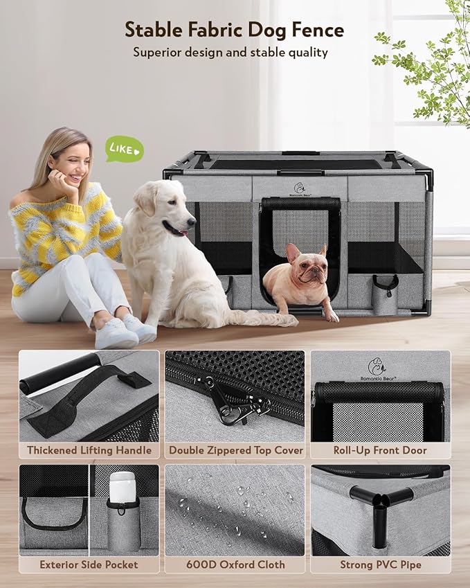 Dog Playpen,Fabric Fence, Portable Soft Cat Kennel Crate,Breathable Exercise Puppy Pen,PVC Pipe Frame,Indoor Outdoor Cage for Large/Medium/Small Animals with Carrying Case(L)
