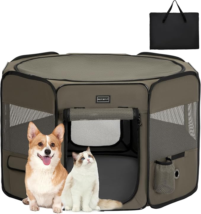 PETSFIT Dog Playpen, 36" Dia Sturdy Foldable Puppy Playpen for Dogs Cats Indoor/Outdoor, Portable Pet Playpen with Carring Case, Removable Mesh Zipper Top and Waterproof Playpen Mat Army Green M