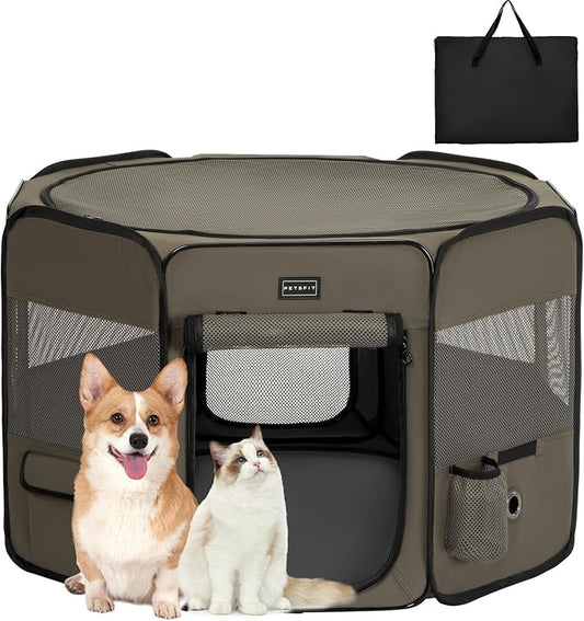 PETSFIT Dog Playpen, 36" Dia Sturdy Foldable Puppy Playpen for Dogs Cats Indoor/Outdoor, Portable Pet Playpen with Carring Case, Removable Mesh Zipper Top and Waterproof Playpen Mat Army Green M