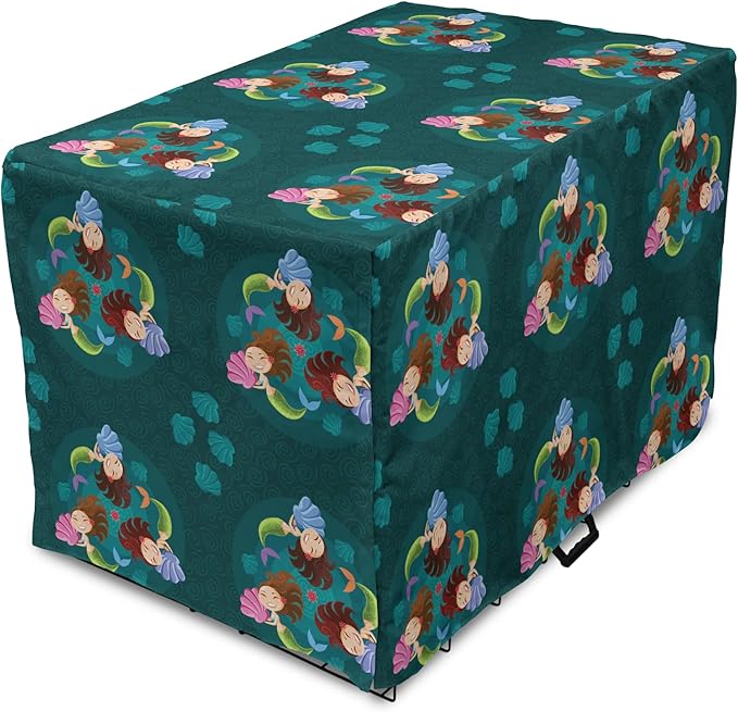 Lunarable Mermaid Dog Crate Cover, Smiling Happy Cheerful Mermaids with Seashells Scallops Exotic Waters Spirals, Easy to Use Pet Kennel Cover for Medium Large Dogs, 36 Inch, Teal Multicolor