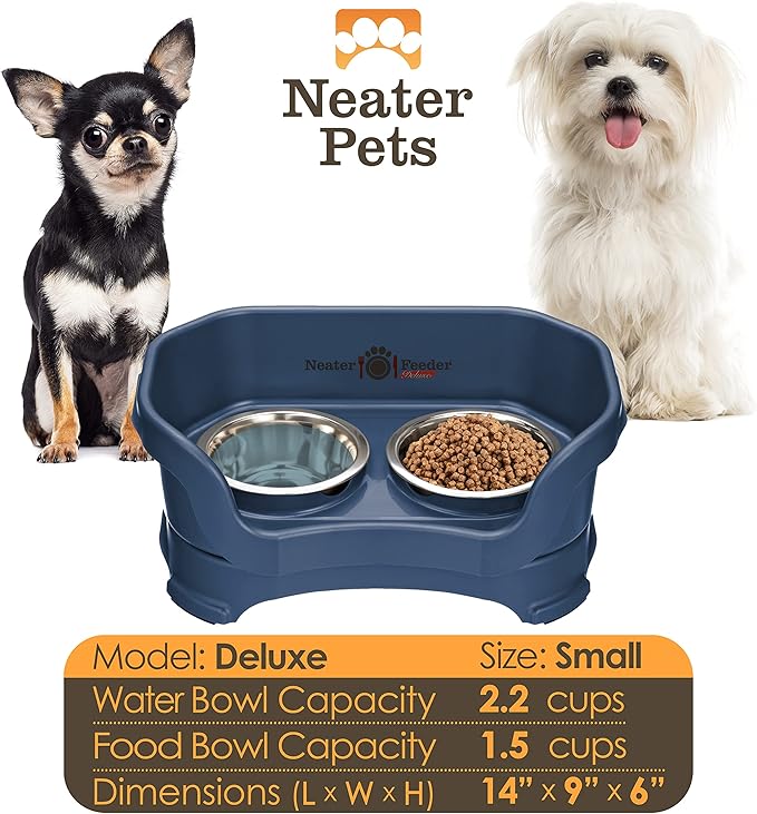 Neater Feeder Deluxe Mess Proof Dog Bowls Elevated for Small Breed – Made in USA – No Spill Raised Dog Food Bowl Stand – Stainless Steel Food and Water Bowl Set, Pet Feeding Station, Dark Blue