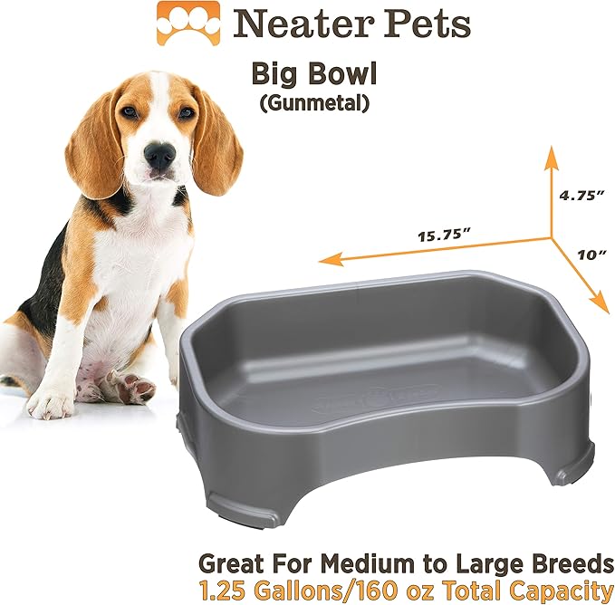 Neater Pet Brands Large Water Bowl for Dogs, Outdoor Dog Water Bowl (1.25 Gallon Extra-Large Capacity), Big Trough Style Food Dish for Indoors or Outside, No Spill Large Dog Bowls, Gunmetal Grey