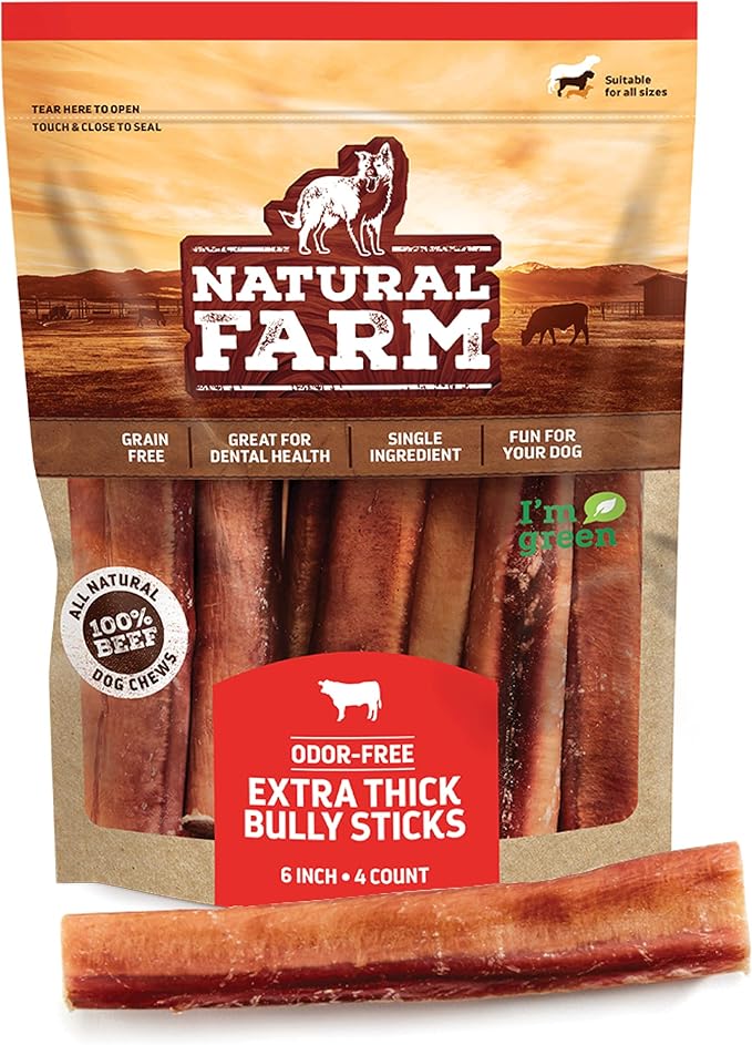 Natural Farm Jumbo Bully Sticks (6 Inch, 4 Pack), Odor Free, Extra-Thick Dog Chews - Fully Digestible 100% Beef Treats, Supports Dental Health, Keep Your Dog Busy with 50% Longer Lasting Chews