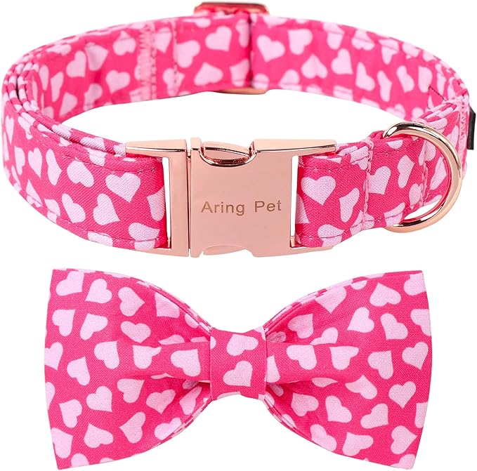ARING PET Valentine's Day Dog Collar-Cotton Pink Heart Dog Collar with Bow, Adjustable Valentine Bowtie Dog Collars Pet Necklace with Metal Buckle for Girl&Boy Dogs