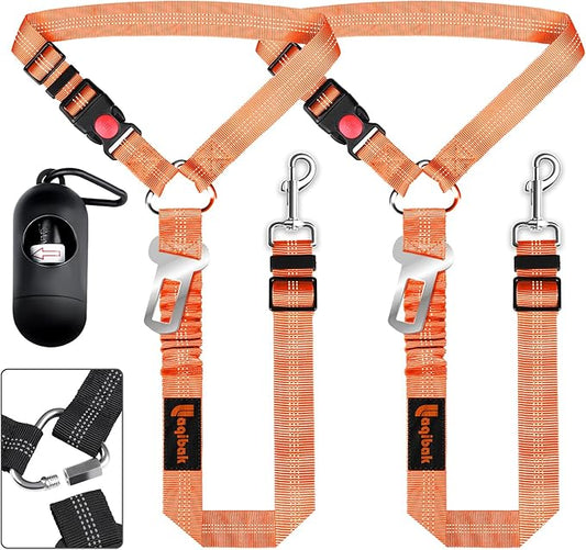 Removable Dog Seat Belts Harness for Car, 3 in 1 Pet Dog Car Seatbelt Leash, laqibak Restraint Secures to Headrest and Reflective Effect Adjustable Bungee Dog Seatbelt Tether, 2PCS and Poop Bag Holder