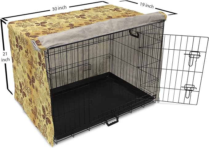 Lunarable Yellow and Brown Dog Crate Cover, Butterflies with Lace Style Ornament Spring Season Beauty Nature Print, Easy to Use Pet Kennel Cover for Cats & Medium Dogs, 30 Inch, Chestnut Brown