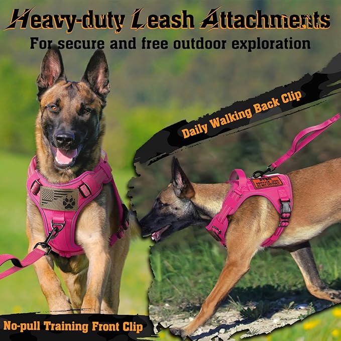 rabbitgoo Dog Harness for Large Dogs No Pull, Tactical Service Dog Vest with Molle and Control Handle, Adjustable and Reflective Military Pet Harness for Easy Walking and Training, Rose Red, L