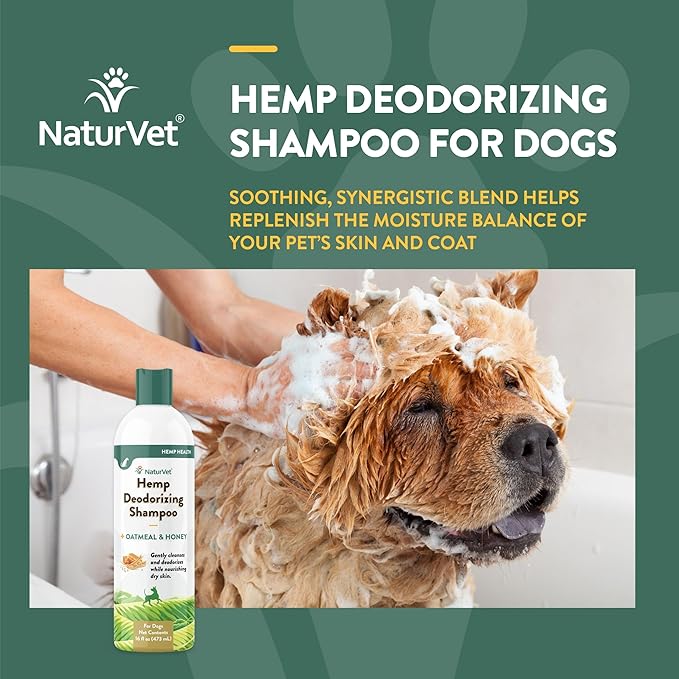 NaturVet – Hemp Deodorizing Shampoo for Dogs - Plus Oatmeal & Honey – 16 oz – Gently Cleanses & Deodorizes Skin & Coat – Enhanced with Hemp Seed Oil, Coconut Oil & Aloe Vera Extract