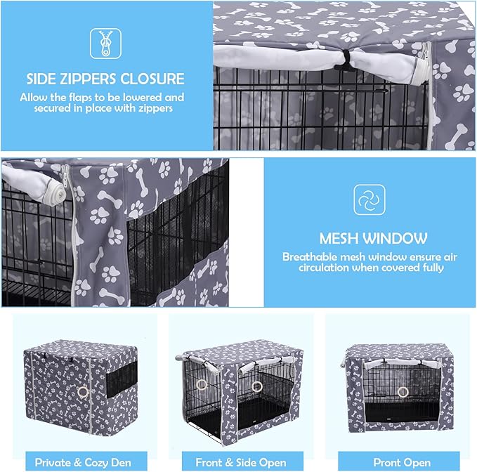 Dog Crate Cover Kennel Dogs Covers fits Small Medium Large crates cage Heavy Nylon Waterproof soundproof Indoor Outdoor - Cover only - Grey Bone paw - 42 inch