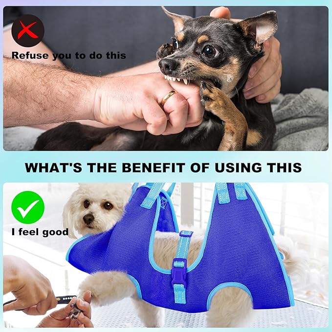Dog Grooming Hammock - Dog Hanging Harness Holder, Cat Hanger Sling Restraint Bag for Nail Trimming/Clipping with Nail Clipper& Nail File (S, Blue)