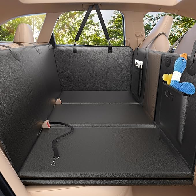 Back Seat Extender for Dogs-Upgraded PU Leather, Hard Bottom Dog Car Seat Cover for Back Seat, Anti-Scratch Backseat Extender for Dogs, Waterproof Dog Hammock for Car, SUV, 400lbs