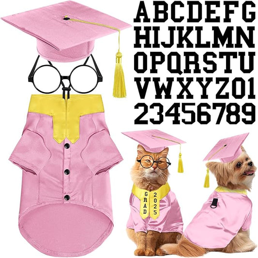 5 Pcs Dog Graduation Costume Set Include 2025 Pet Graduation Gown with Stole Puppy Grad Cap Lensless Glasses DIY Letter Stickers for Dogs Cats Holiday Costume Accessory(Pink Yellow,S)