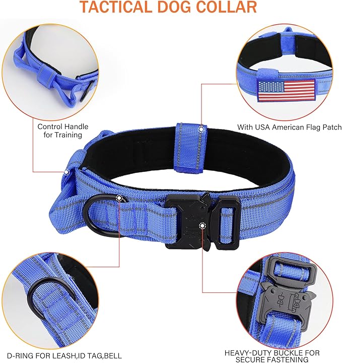 KCUCOP Tactical Dog Collar, Heavy Duty Dog Collar with Handle and Metal Buckle, Military Thick Dog Collars for Medium and Large Dogs(DarkBlue-XL-Reflective, 1 Patch)