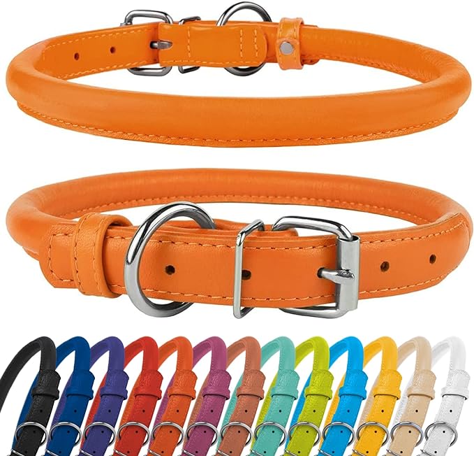 CollarDirect Rolled Leather Dog Collar, Soft Padded Round Puppy Collar, Handmade Genuine Leather Collar Dog Small Large Cat Collars 13 Colors (15-18 Inch, Orange Textured)