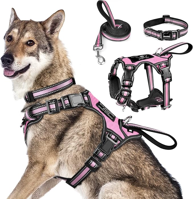WINSEE Pet Harness Collar and Leash Set, All-in-one Reflective Dog Harness No Pull with Adjustable Buckles for Puppies, Small, Medium, Large, and Extra-Large Dogs (X-Large, Pink)