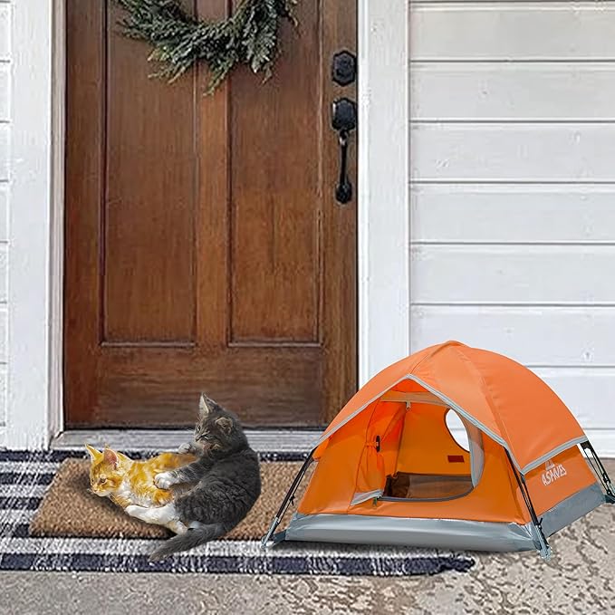Outdoor Waterproof Pet Camping Tent, Cave Bed for Indoor Cats and Small Dogs, Portable Cat House Dog House, 29.5x29.5x18.9'', Orange, M.