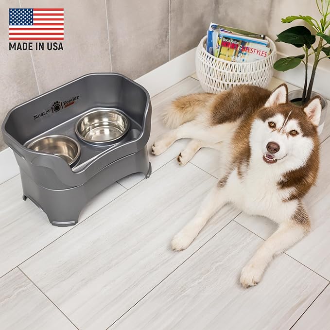 Neater Feeder Deluxe Mess Proof Dog Bowls Elevated for Large Breed – Made in USA – No Spill Raised Dog Food Bowl Stand – Stainless Steel Food and Water Bowl Set, Pet Dish Feeding Station, Grey
