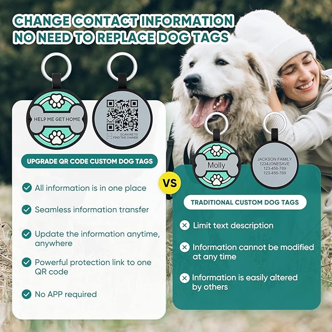 Upgraded Personalized Dog Tags Engraved with 3D QR Code for Dogs Cat Collar - Silicone Silent Pet Tag - Create Online Profile No APP Requirement (Green-Bone Black QR)