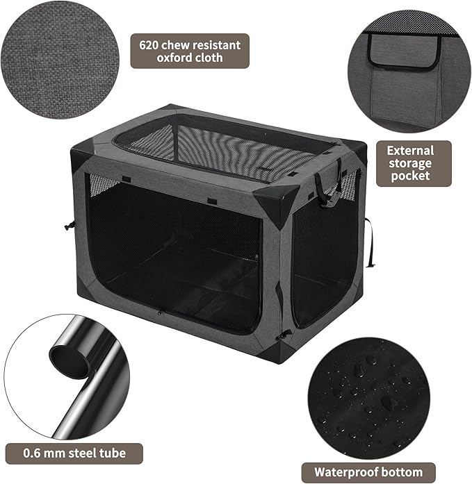 Dog Crates 30 Inch Collapsible Soft Dog Crate, 3-Door Foldable Soft Kennel for Medium Dogs, Portable Pet Travel Cage with Chew Proof Mesh Window for Outdoors