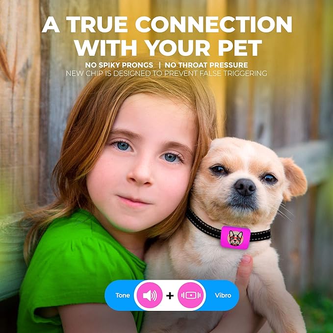 Small Dog Bark Collar Rechargeable - Smallest Bark Collar for Small Dogs 5-15lbs - Most Humane Stop Barking Collar - Dog Training No Shock Anti Bark Collar - Pet Bark Control Device (Pink)