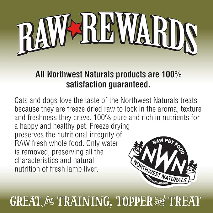 Northwest Naturals Raw Rewards Freeze-Dried Lamb Liver Treats for Dogs and Cats - Bite-Sized Pieces - Healthy, 1 Ingredient, Human Grade Pet Food, All Natural - 3 Oz (Pack of 3)