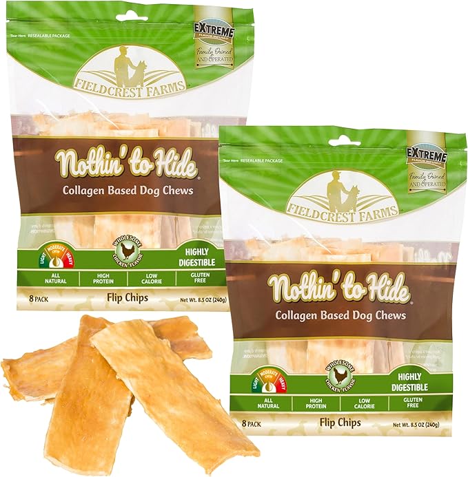 Fieldcrest Farms Nothin to Hide Flip Chips Dog Chews - Natural Rawhide Alternative Treats for Dogs, Collagen Based Snack for Moderate Chewers Up to 35lbs, Chicken Flavor - 2 Packs (16 Chips)