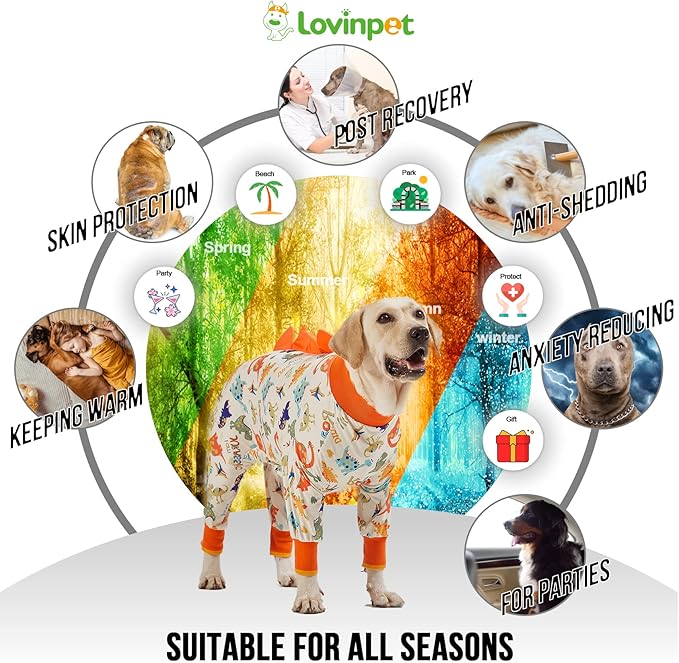 LovinPet Dog Pajamas Large Sized Dog, Recovery Wear, Lightweight Jurassic Knit, UV for Large Dogs/XL