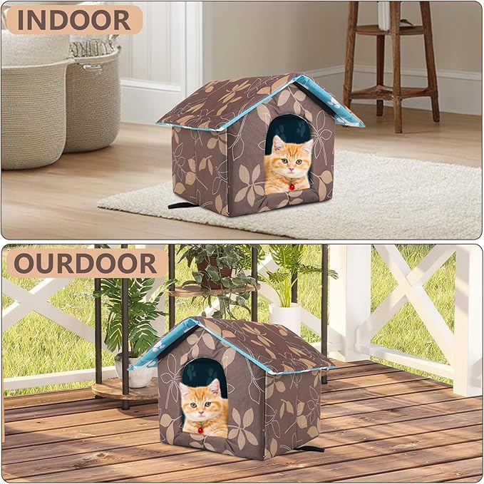Outdoor Cat House Water Oxford Cloth Warm Cat House Removable Foldable, Outdoor Houses for Feral Cats Dogs (Leaf Pattern, Large House)