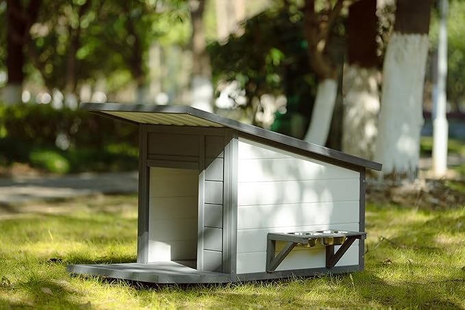 Dog House with Terrace,Weatherproof PVC Roof Small Dogs Kennel W/ 2 Feeding Stainless Bowls and 4 Wheels,Indoor & Outdoor Pine Dog Cage,Easy to Assemble,for Small Dogs,Pets,Gray