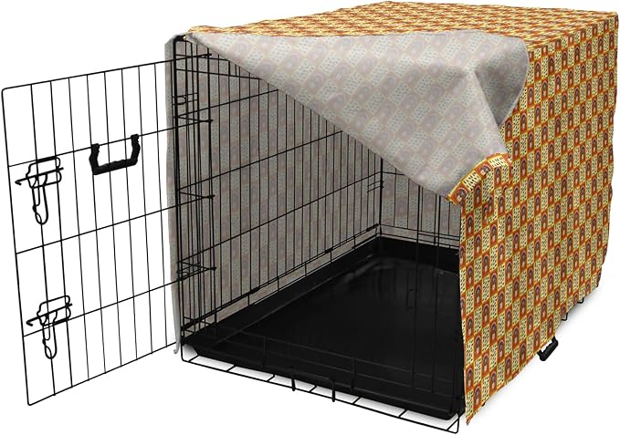 Lunarable Thanksgiving Dog Crate Cover, Checkered Pattern with Funny Cartoon Gobbler and Fallen Autumn Leaves, Easy to Use Pet Kennel Cover for Medium Large Dogs, 36 Inch, Red Yellow Brown