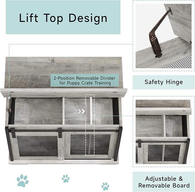 GAOMON Dog Crate Furniture with Slidings Doors，Wooden Dog Kennel End Table with Flip-top Plate for Dogs，Indoor Dog Crate Furniture with Detachable Divider for Medium Dogs, Dog House,Grey