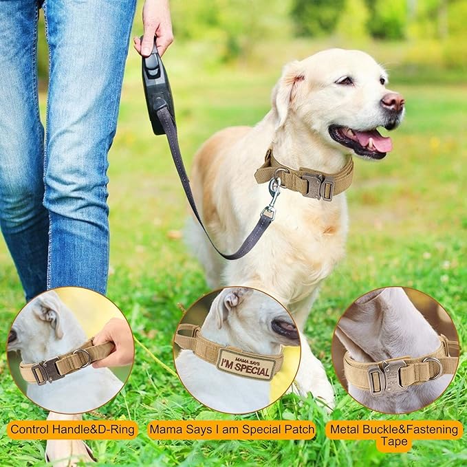 KCUCOP Tactical Dog Collar with Handle,Adjustable Military Dog Collar with Metal Buckle and Patches,Heavy Duty Dog Collars for Large Dogs (Brown-XL)