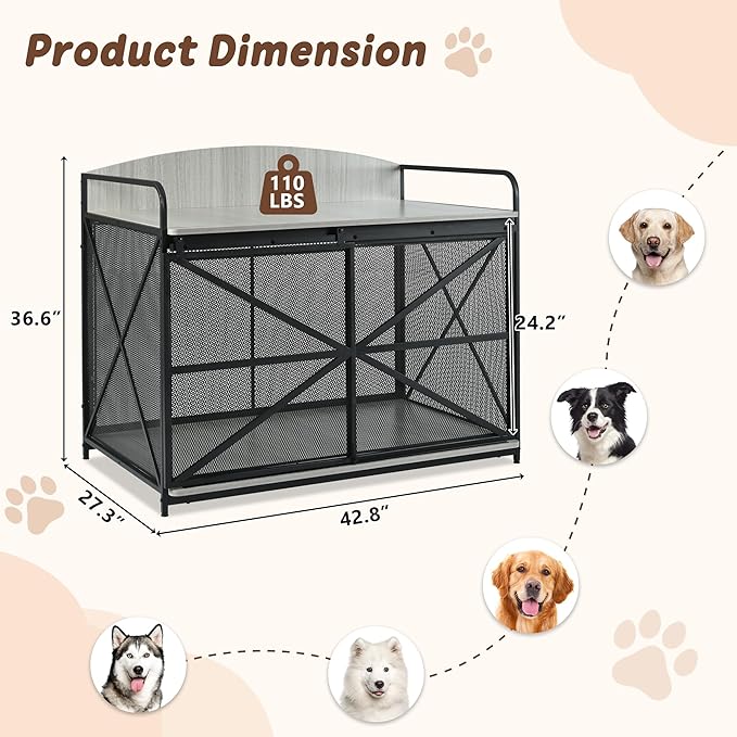 Merax 42.8" Heavy Duty Large Dog Crate Furniture for Large Medium Dog, Farmhouse Wooden Dog Kennel Indoor End Table, Decorative Pet House for Dogs, Gray