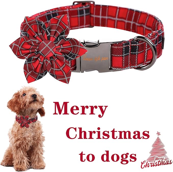 Unique style paws Christmas Dog Collar with Flower Tie Red Black Grid Cotton Collar Adjustable Puppy Plaid Collar for Small Medium Large Dogs-XL