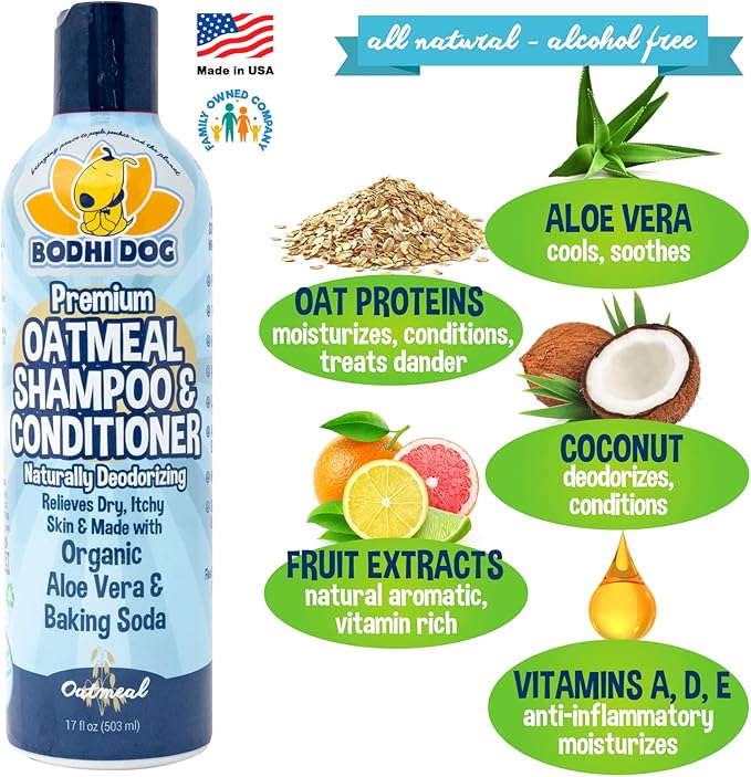 Bodhi Dog Grooming Bundle - Oatmeal Shampoo & Conditioner with Bath Brush - Pet Shower Supplies for Cats & Dogs - Gentle Care for Long, Short & Curly Hair, Safe and Effective, Made in USA