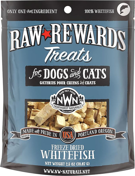 Northwest Naturals Raw Rewards Freeze-Dried Whitefish Treats for Dogs and Cats - Bite-Sized Pieces - Healthy, 1 Ingredient, Human Grade Pet Food, All Natural - 2.5 Oz