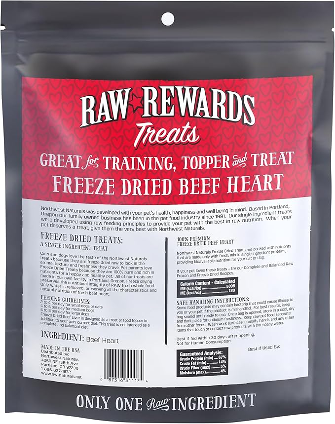 Northwest Naturals Raw Rewards Freeze-Dried Beef Heart Treats for Dogs and Cats - Bite-Sized Pieces - Healthy, 1 Ingredient, Human Grade Pet Food, All Natural - 10 Oz (Pack of 3)