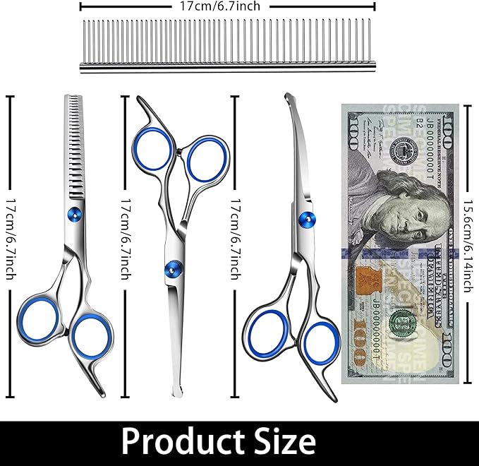 Dog Grooming Scissors with Safety Round Tip,Professional Dog Grooming Kit,Dog Hair Shears Set,Incude Thinning、 Curved、Straight Scissors and Comb. Suitable for The Right Hand