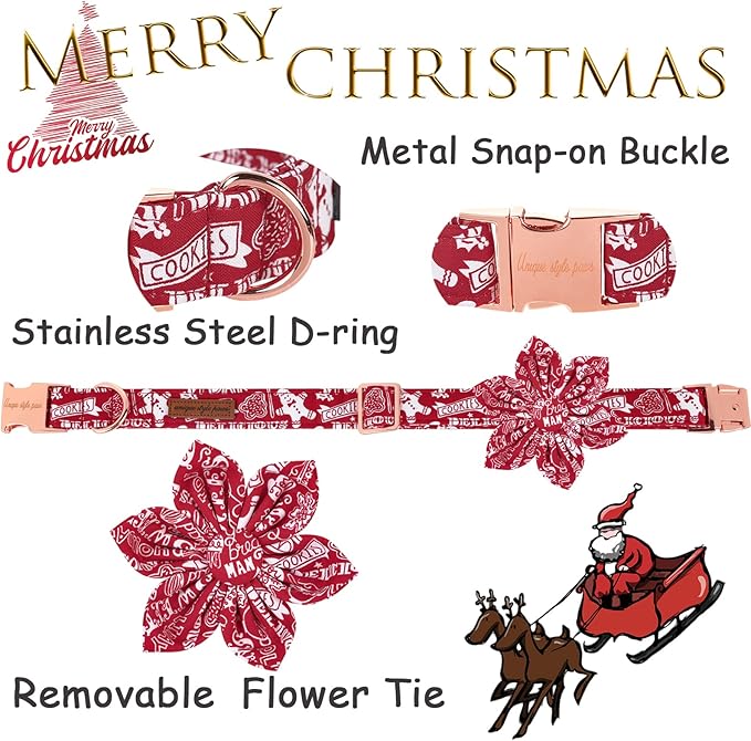 Unique style paws Christmas Dog Collar with Flower Tie Winter Gingerbread Snowman Theme Puppy Collar for Small Medium Large Dogs-XL