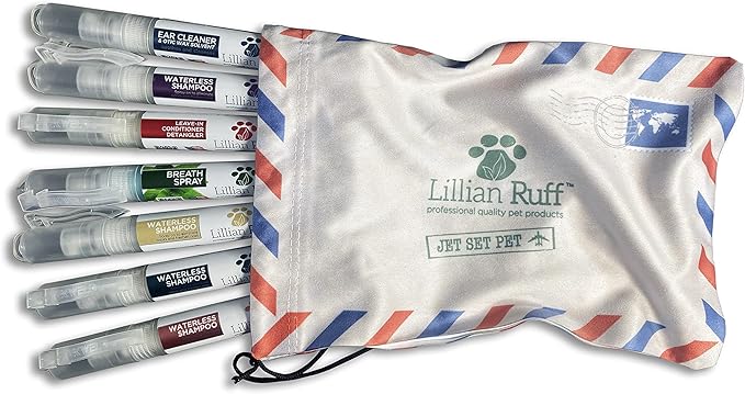 Lillian Ruff Travel Kit for Dogs | Dog Grooming Spray for Airline Travel, Dog Camping, Dog Beach | Deodorizing Waterless Dog Shampoo x4, Dog Breath Freshener, Dog Detangler Spray, Dog Ear Cleaner