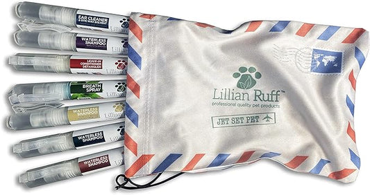Lillian Ruff Travel Kit for Dogs | Dog Grooming Spray for Airline Travel, Dog Camping, Dog Beach | Deodorizing Waterless Dog Shampoo x4, Dog Breath Freshener, Dog Detangler Spray, Dog Ear Cleaner