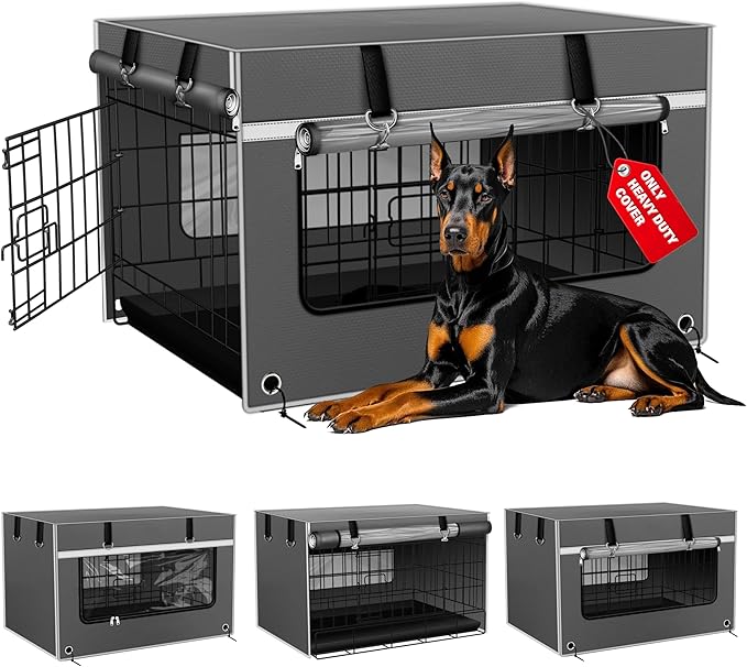 Dog Crate Cover 42 Inch Heavy-Duty Insulated & Breathable – Dog Kennel Cover for 42’’L×28’’W×30’’H Wire Crates. Adjustable Light & Ventilation, Anxiety Relief Design, Gray (Cover Only