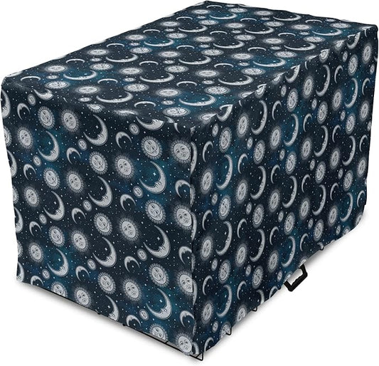 Ambesonne Sun and Moon Dog Crate Cover, Heavenly Bodies in Starry Night Sky Graphic Theme, Easy to Use Pet Kennel Cover for Cats & Medium Dogs, 24 Inch, Blue Grey